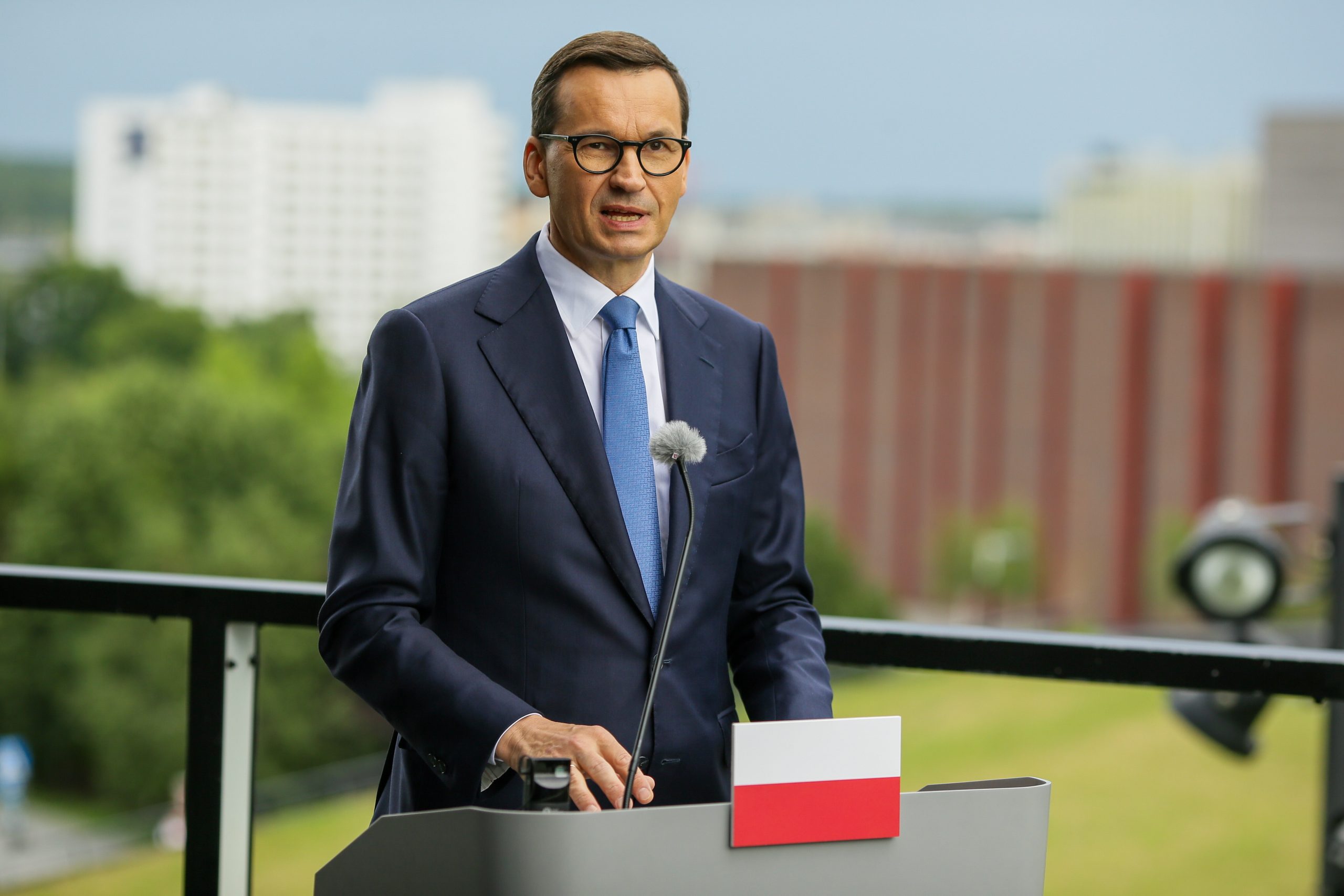 epa10758232 Polish Prime Minister Mateusz Morawiecki addresses a joint press conference with Czech Prime Minister Petr Fiala (not pictured) after a meeting at the International Congress Center in Katowice, Poland, 20 July 2023. Polish-Czech intergovernmental consultations are underway in Katowice.  EPA/Zbigniew Meissner POLAND OUT