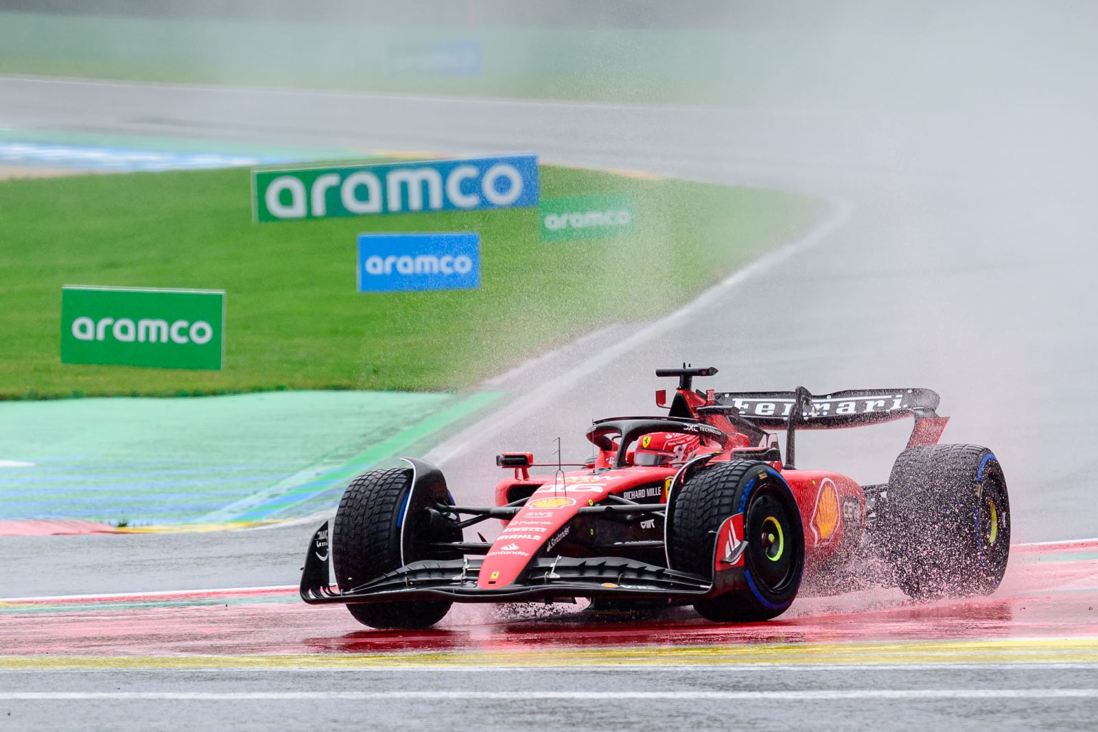 epa10773797 Monaco's Formula One driver Charles Leclerc of Scuderia Ferrari slips off the track during the Practice session for the 2023 Formula 1 Belgian Grand Prix at the Circuit de Spa-Francorchamps racetrack in Stavelot, Belgium, 28 July 2023. The 2023 Formula 1 Belgian Grand Prix takes place on 30 July.  EPA/CHRISTIAN BRUNA