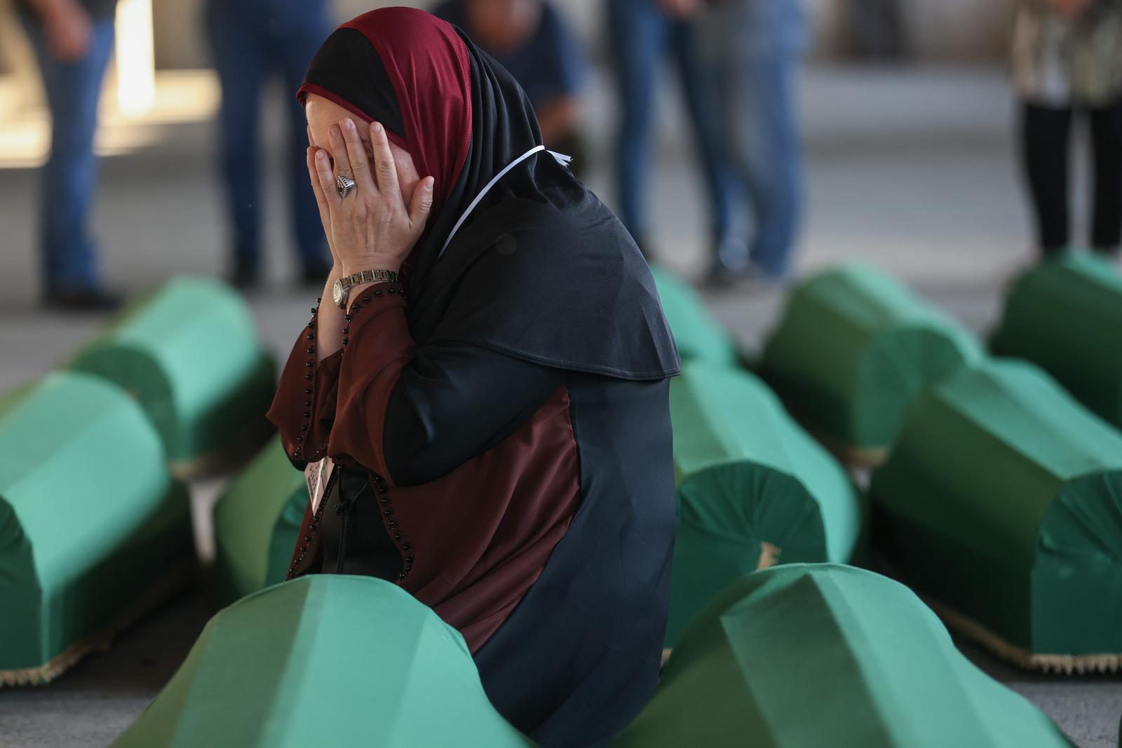 10.07.2023., Potocari, Bosna i Hercegovina - Tabuti novoidentificiranih zrtava genocida u Srebrenici, preneseni su u musalu u mezarju Memorijalno centra u Srebrenici, gdje ce sutra biti obavljen ukop. Photo: Armin Durgut/PIXSELL
