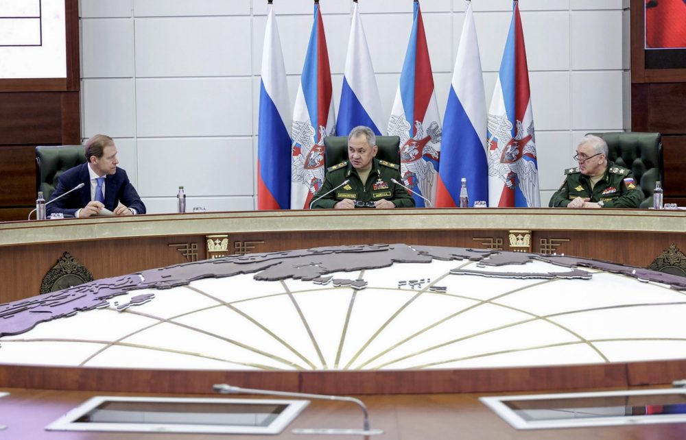 epa10725873 A handout image made available by the Russian Defence ministry press-service shows Russian Defence Minister General of the Army Sergei Shoigu (C) and Deputy Prime Minister and Minister of Trade and Industry Denis Manturov (L) attending a joint meeting of the collegium of the Russian Ministry of Defense and the Russian Ministry of Industry and Trade at the National Defense Control Center in Moscow, Russia. 04 June 2023. The meeting discussed the implementation of the state defense order, including the fulfillment by representatives of defense industry enterprises of obligations to supply weapons and military equipment to military units of the Armed Forces of the Russian Federation.  EPA/RUSSIAN DEFENCE MINISTRY PRESS SERVICE/HANDOUT HANDOUT HANDOUT EDITORIAL USE ONLY/NO SALES HANDOUT EDITORIAL USE ONLY/NO SALES