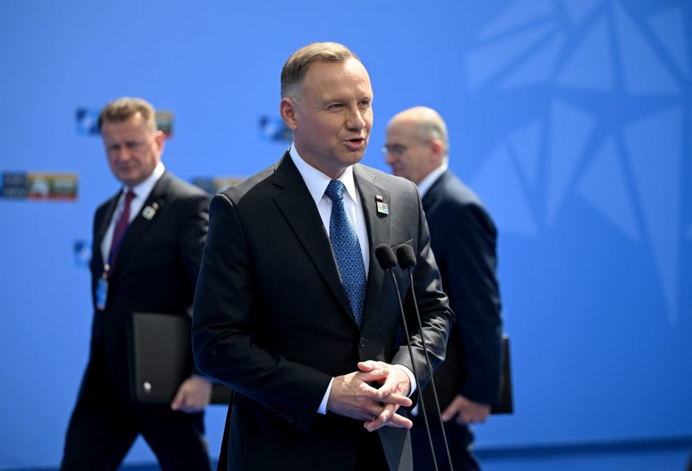 epa10739040 Poland's President Andrzej Duda speaks to the media as he arrives to attend the NATO summit in Vilnius, Lithuania, 11 July 2023. The North Atlantic Treaty Organization (NATO) Summit will take place in Vilnius on 11 and 12 July 2023 with the alliance's leaders expected to adopt new defense plans.  EPA/FILIP SINGER