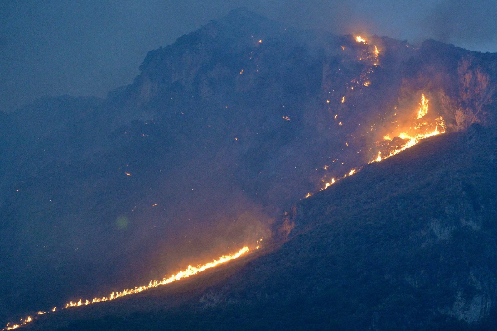 epa10767206 Flames rise as a wildfire burns on the hills surrounding the Monte Grifone area and the town of Ciaculli, near Palermo, Italy, 25 July 2023. The Palermo Airport was temporarily closed to air traffic in the morning of 25 July after wildfires in the hills around the Sicilian city reached the airport perimeter.  EPA/STR