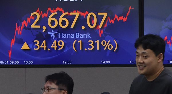 epa10779211 A screen in the dealing room of Hana Bank shows the benchmark Korea Composite Stock Price Index (KOSPI) having risen 34.49 points, or 1.31 percent, to close at 2,667.07 points, in Seoul, South Korea, 01 August 2023. South Korean stocks extended their winning streak to a fourth day, thanks to advances in techs and automobiles.  EPA/YONHAP SOUTH KOREA OUT