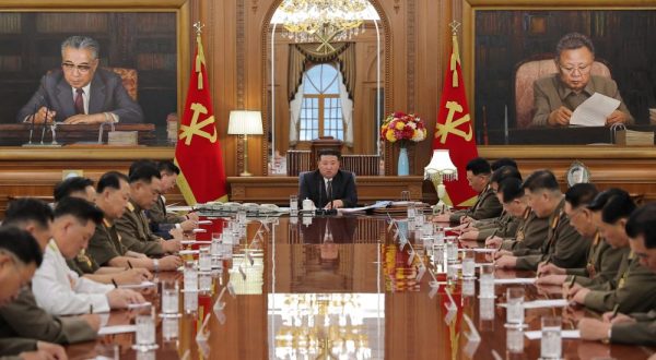 epa10792820 A photo released by the official North Korean Central News Agency (KCNA) shows North Korean leader Kim Jong Un (C) attending the 7th enlarged meeting of the Central Military Commission of the Workers' Party of Korea (WPK) in Pyongyang, North Korea, 09 August 2023 (issued 10 August 2023).  EPA/KCNA   EDITORIAL USE ONLY