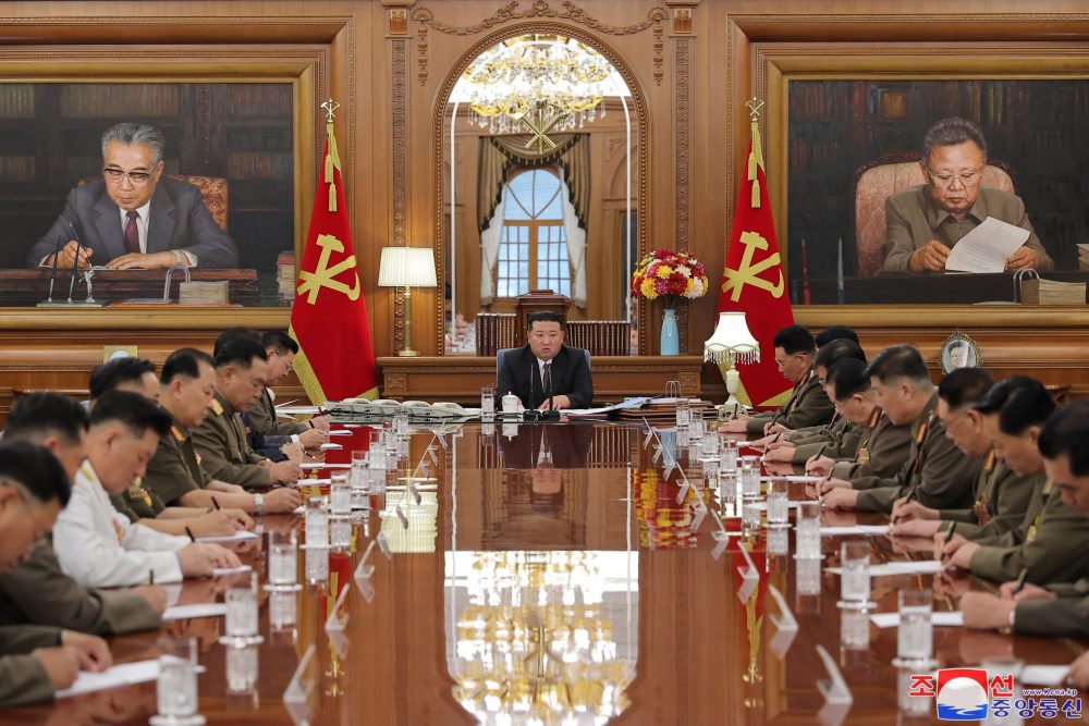 epa10792820 A photo released by the official North Korean Central News Agency (KCNA) shows North Korean leader Kim Jong Un (C) attending the 7th enlarged meeting of the Central Military Commission of the Workers' Party of Korea (WPK) in Pyongyang, North Korea, 09 August 2023 (issued 10 August 2023).  EPA/KCNA   EDITORIAL USE ONLY