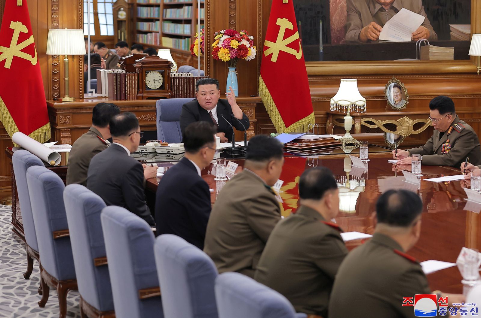 epa10792821 A photo released by the official North Korean Central News Agency (KCNA) shows North Korean leader Kim Jong Un (C) attending the 7th enlarged meeting of the Central Military Commission of the Workers' Party of Korea (WPK) in Pyongyang, North Korea, 09 August 2023 (issued 10 August 2023).  EPA/KCNA   EDITORIAL USE ONLY