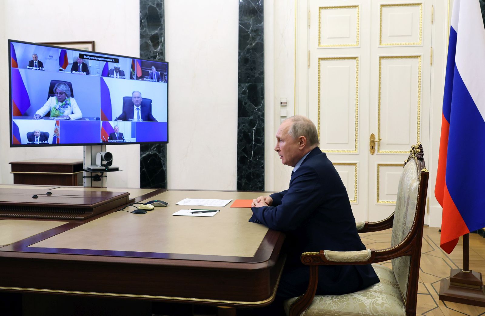 epa10795151 Russian President Vladimir Putin chairs a meeting with members of the Security Council via a video conference at the Kremlin in Moscow, Russia, 11 August 2023. Vladimir Putin at a meeting with permanent members of the Security Council of the Russian Federation discussed the problems of ensuring the security of the Russian Federation in the information space.  EPA/MIKHAEL KLIMENTYEV/SPUTNIK/KREMLIN POOL / POOL MANDATORY CREDIT