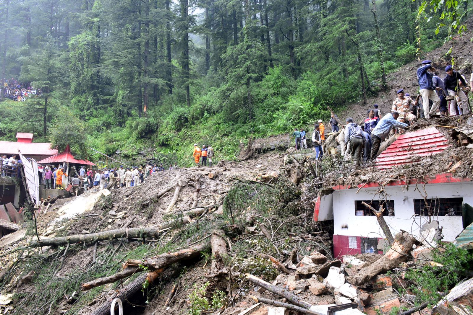 epa10799933 Rescue workers gather at the scene after a temple collapsed due to a landslide near Shimla, Himachal Pradesh, northern India, 14 August 2023. At least nine nine people were killed inside the Shiv temple when the structure collapsed under a landslide triggered by heavy rains, Chief Minister Sukhvinder Singh Sikhu confirmed.  EPA/STR