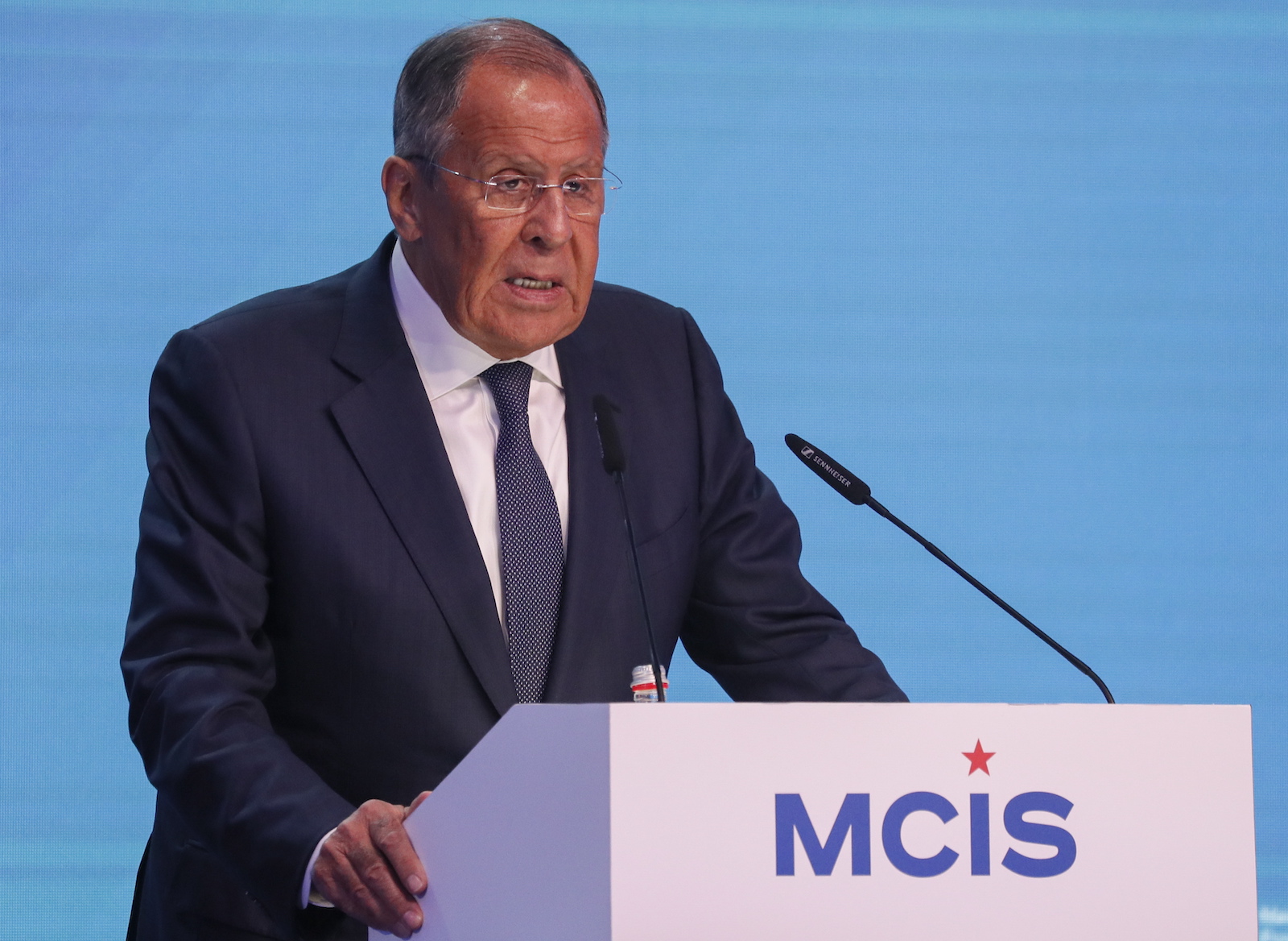 epa10801251 Russian Foreign Minister Sergey Lavrov delivers his speech at a session of the 11th Moscow Conference on International Security (MCIS) during the International Military-Technical Forum Army-2023 held at the Patriot Park in Kubinka, outside Moscow, Russia, 15 August 2023. The International Military-Technical Forum Army-2023 is held from 14 to 20 August 2023 at Patriot Expo, Kubinka Air Base and Alabino military training grounds.  EPA/YURI KOCHETKOV