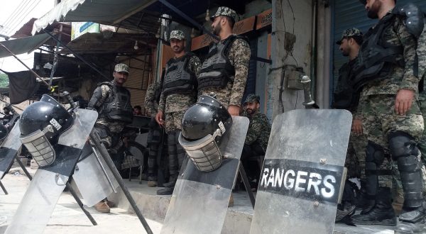epa10803831 Pakistani Rangers stand guard after mobs attacked Christian churches and homes following blasphemy allegations in Jaranwala, near Faisalabad, Pakistan, 17 August 2023. Armed mobs in Jaranwala targeted two churches and private homes, setting them on fire and causing widespread destruction, according to the police. The attack was sparked after torn pages of the Koran with alleged blasphemous content were found near a Christian colony. Punjab police attempted to control the situation, and two local Christian residents were charged under blasphemy laws. Blasphemy is a highly sensitive issue in Pakistan, often leading to violence, drawing international condemnation and raised concerns about the misuse of blasphemy laws and the need for religious tolerance and minority protection.  EPA/ILYAS SHEIKH