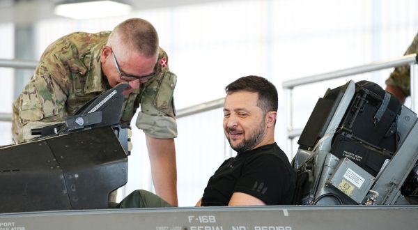 epa10810162 Ukrainian President Volodymyr Zelensky sits in a F-16 fighter jet at Skrydstrup Airbase in Vojens, Denmark, 20 August 2023. The US State Department recently permitted Denmark to hand over F-16 fighter jets to Ukraine, a program to train Ukraine's pilots to the F-16s is already underway in Denmark.  EPA/MADS CLAUS RASMUSSEN