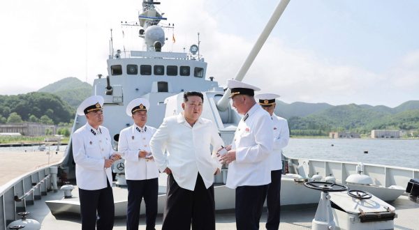 epa10811194 An undated photo released by the official North Korean Central News Agency (KCNA) on 21 August 2023 shows North Korean leader Kim Jong Un inspecting a flotilla of the East Sea Fleet of the Navy of the Korean People's Army (KPA) in North Korea.  EPA/KCNA   EDITORIAL USE ONLY
