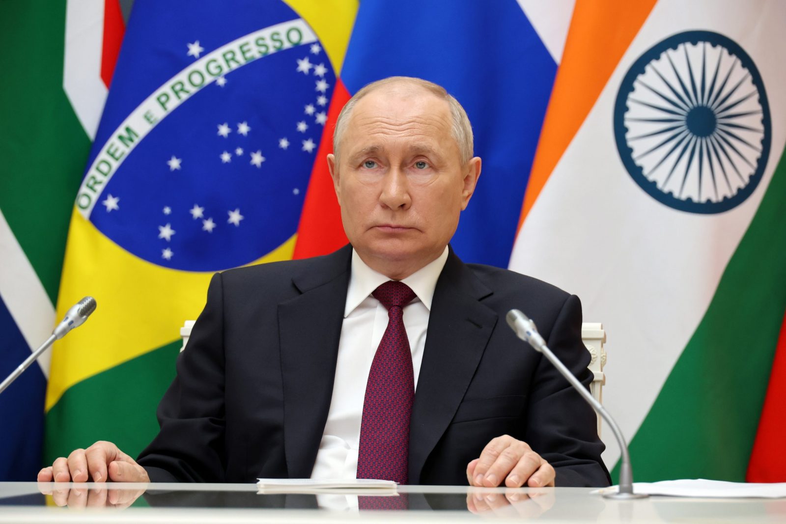 epa10815532 Russian President Vladimir Putin attends the 15th BRICS Summit via video link in Moscow, Russia, 22 August 2023 (Issued on 23 August 2023). South Africa is hosting the 15th BRICS Summit, (Brazil, Russia, India, China and South Africa), as the group's economies account for a quarter of global gross domestic product. Dozens of leaders of other countries in Africa, Asia and the Middle East are also attending the summit.  EPA/MIKHAEL KLIMENTYEV / SPUTNIK / KREMLIN POOL