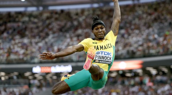 epa10818194 Wayne Pinnock of Jamaica competes in the Men's Long Jump final at the World Athletics Championships Budapest, Hungary, 24 August 2023.  EPA/ROBERT GHEMENT