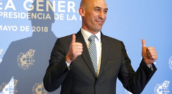 epa10818367 (FILE) The newly elected president of the Royal Spanish Soccer Federation (RFEF) Luis Rubiales reacts upon being elected in Madrid, Spain, 17 May 2018, re-issued 24 August 2024. Luis Rubiales will resign 25 August 2023 after kissing Spain's player Jenni Hermoso following their victory in the Women's World Cup 2023 final.  EPA/J. P. GANDUL