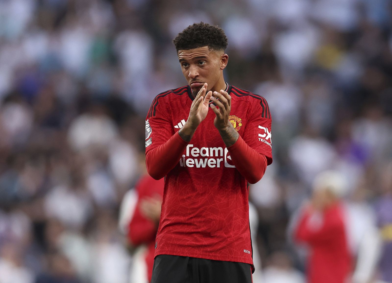 August 19, 2023, London: London, England, 19th August 2023. Jadon Sancho of Manchester United reacts after the Premier League match at the Tottenham Hotspur Stadium, London. (Credit Image: Â© Paul Terry/Sportimage/Cal Sport Media) (Cal Sport Media via AP Images)