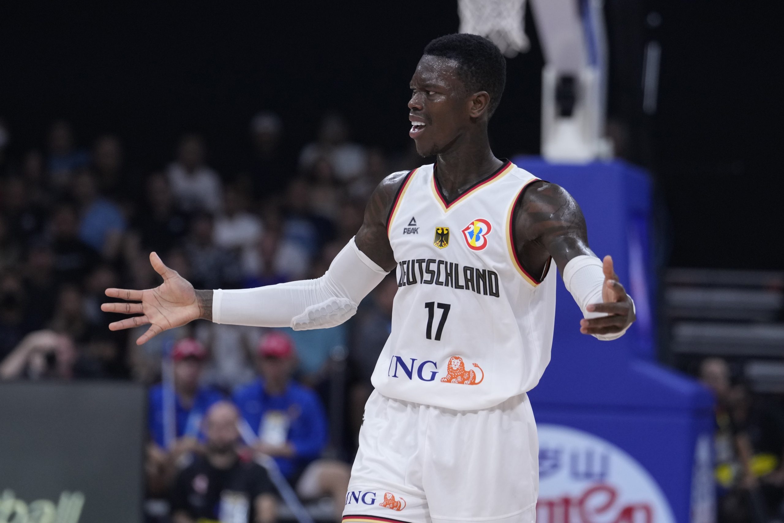 Germany guard Dennis Schroder (17) reacts to a call during the championship game of the Basketball World Cup against Serbia in Manila, Philippines, Sunday, Sept. 10, 2023. (AP Photo/Michael Conroy)