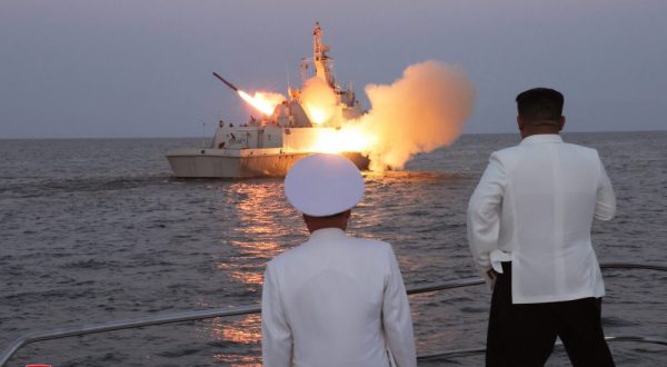epa10811193 An undated photo released by the official North Korean Central News Agency (KCNA) on 21 August 2023 shows North Korean leader Kim Jong Un (R) inspecting a flotilla of the East Sea Fleet of the Navy of the Korean People's Army (KPA) in North Korea.  EPA/KCNA   EDITORIAL USE ONLY