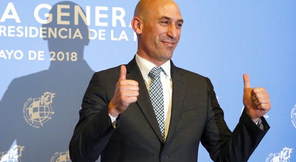 epa10818367 (FILE) The newly elected president of the Royal Spanish Soccer Federation (RFEF) Luis Rubiales reacts upon being elected in Madrid, Spain, 17 May 2018, re-issued 24 August 2024. Luis Rubiales will resign 25 August 2023 after kissing Spain's player Jenni Hermoso following their victory in the Women's World Cup 2023 final.  EPA/J. P. GANDUL