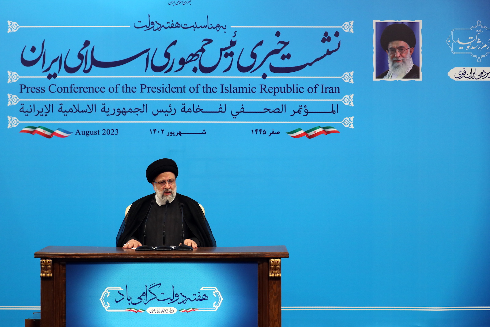 epaselect epa10826428 Iranian President Ebrahim Raisi speaks during a press conference in Tehran, Iran, 29 August 2023. Raisi said that trade exchange with neighboring countries increased by 14 percent since his government took office in August 2021. He added that joining the BRICS and the Shanghai Cooperation Organization show that 'enemies have failed to isolate Iran'.  EPA/ABEDIN TAHERKENAREH