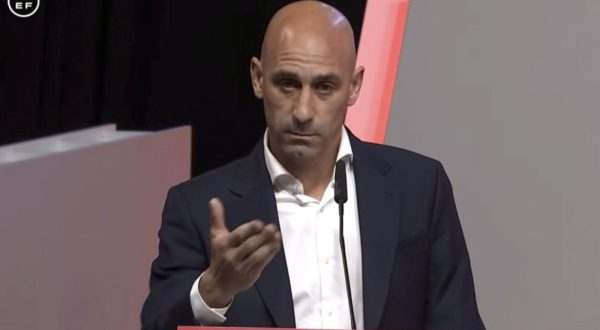 epa10819427 A handout photo taken from a video made available by the Spanish Royal Soccer Federation (RFEF) shows the federation's President Luis Rubiales during his statement at the RFEF headquarters in Madrid, Spain, 25 August 2023. Rubiales, who was expected to resign following criticism for the kiss he gave in the lips to Spain's player Jenni Hermoso during celebrations of their victory in the FIFA Women's World Cup final on 20 August 2023, announced he will not be resigning.  EPA/RFEF HANDOUT IMAGE TO BE USED ONLY IN RELATION TO THE STATED EVENT (MANDATORY CREDIT) HANDOUT EDITORIAL USE ONLY/NO SALES