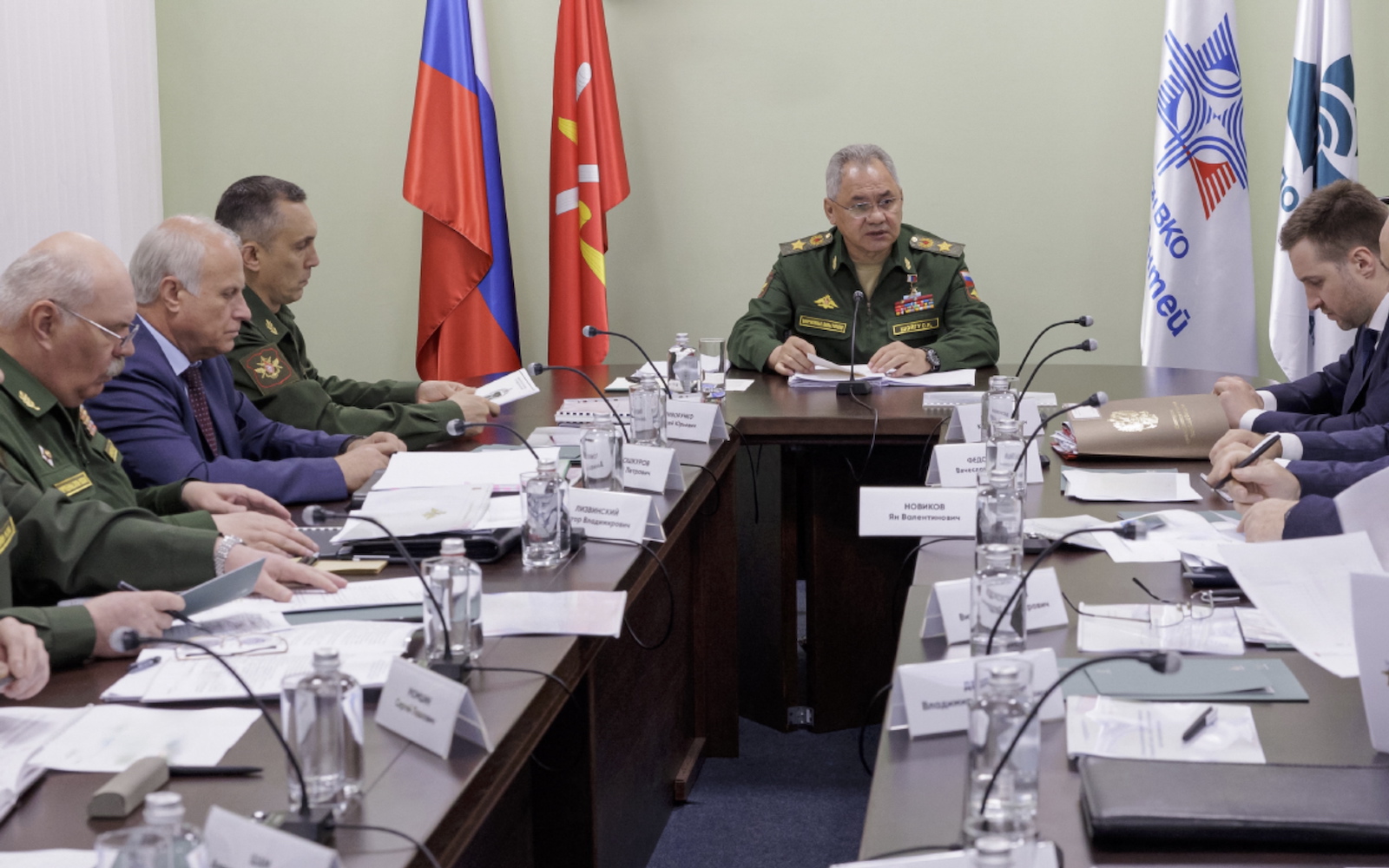 epa10828902 A handout picture provided by the Russian Defence ministry press-service shows Russian Defence Minister General of the Army Sergei Shoigu (C) attending a meeting inspecting the military enterprise â€˜Concern VKOâ€™ Almaz-Antey in Tula, Russia, 30 August 2023. The Ministry of Defense reported that Shoigu on Wednesday checked the progress of the state defense order at defense enterprises in the Tula region, including inspecting the production shops of an enterprise that produces radar systems, which is part of Almaz-Antey. Sergei Shoigu instructed to increase the production and repair of radar detection equipment used during the military operation in Ukraine and demanded that the management of the concern organize round-the-clock work of the enterprise, the Russian Defense Ministry reported 24/7.  EPA/RUSSIAN DEFENCE MINISTRY PRESS SERVICE/HANDOUT HANDOUT HANDOUT EDITORIAL USE ONLY/NO SALES HANDOUT EDITORIAL USE ONLY/NO SALES