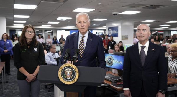epa10831767 US President Joe Biden (C), next to DHS Secretary Alejandro Mayorkas (R), talks to members of the media as he visits Federal Emergency Management Agency (FEMA) headquarters in Washington, DC, USA, 31 August 2023. Hurricane Idalia maked landfall in Florida as a Category 3 storm with winds of 125 mph (over 200 km/h).  EPA/Yuri Gripas / POOL
