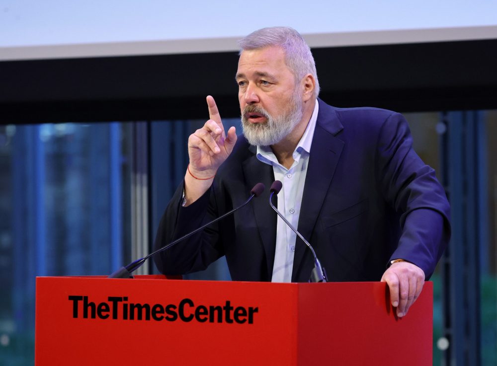 epa10834506 (FILE) - 2021 Nobel Peace Prize winner, Dmitry Muratov, editor-in-chief of the influential Russian newspaper Novaya Gazeta, addresses an audience present for the auction of his Nobel medal to benefit Ukrainian children, at The Times Center in New York, New York, USA, 20 June 2022. (reissued 01 September 2023). The Russian Ministry of Justice updated on 01 September its foreign agents list, adding, among others, Nobel laureate Muratov for ‘using foreign platforms to disseminate opinions aimed at forming a negative attitude towards Russian politics’. In March 2022, Novaya Gazeta had suspended its work due to warnings from the Roskomnadzor due to the lack of labeling of NPO-foreign agents. The editorial staff had started to produce a new information project in Europe.  EPA/JASON SZENES