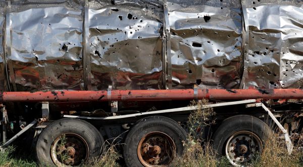 epa10836194 Farming machinery destroyed with shrapnel seen in the village of Dovhenke, Ukraine, 2 September 2023. Russian troops entered Ukraine in February 2022 starting a conflict that has provoked destruction and a humanitarian crisis.  EPA/CATHAL MCNAUGHTON