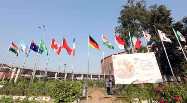 epa10840043 The flags of participating countries fly outside the Bharat Mandappam' at ITPO Convention Centre, Pragati Maidan, the venue of the upcoming G20 Heads of State and Government Summit in New Delhi, India, 04 September 2023. Indian capital is all set for G20 summit scheduled for 9 and 10 September.  EPA/HARISH TYAGI