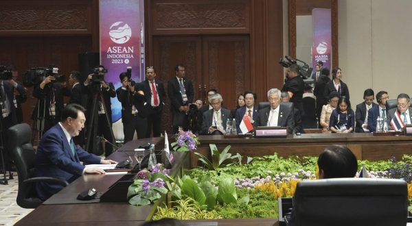 epa10843106 South Korea’s President Yoon Suk-yeol delivers his remark during the ASEAN-South Korea Summit at the 43rd Association of Southeast Asian Nations (ASEAN) Summit in Jakarta, Indonesia, 06 September 2023. Indonesia hosts the 43rd ASEAN Summit and related summits from 05 to 07 September 2023.  EPA/TATAN SYUFLANA/POOL