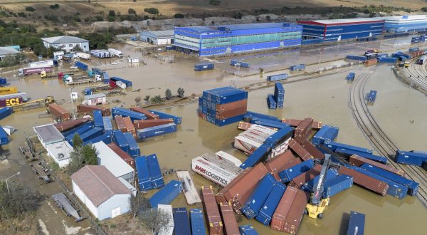 epa10843280 An image taken with a drone shows containers in the floodwaters at the Halkali Customs after floods hit the west districts of Istanbul, Turkey, 06 September 2023. According to the Istanbul Governor's Office, two people died and 12 were wounded because of flooding in the Basaksehir and Kucukcekmece districts.  EPA/ERDEM SAHIN