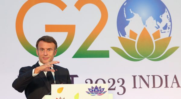 epa10852377 French President Emmanuel Macron addresses a press conference at the international media center during the G20 Summit in New Delhi, India, 10 September 2023. The G20 Heads of State and Government summit took place in the Indian capital on 09 and 10 September.  EPA/HARISH TYAGI