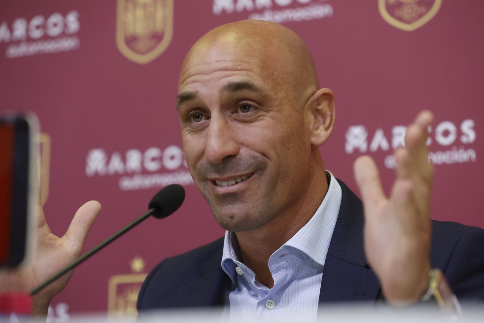 epa10853513 (FILE) - Spanish RFEF President Luis Rubiales speaks during a presser in Madrid, Spain, 22 September 2022 (Reissued 10 September 2023). Luis Rubiales has resigned on 10 September 2023, as president of the Royal Spanish Football Federation (RFEF) and vice president of UEFA's executive committee following widespread criticism for kissing Spain's forward Jenni Hermoso after winning the Women's World Cup final.  EPA/JUAN CARLOS HIDALGO