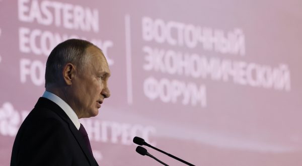 epa10855631 Russian President Vladimir Putin delivers a speech during a plenary session of 2023 Eastern Economic Forum (EEF) at the Far Eastern Federal University on Russky Island in Vladivostok, Russia, 12 September 2023. Vladimir Putin is on a visit to the Far East, where he will take part in the EEF 2023 in Vladivostok on September 11 and 12 and meets with North Korean leader Kim Jong-un.  EPA/MIKHAIL METZEL/SPUTNIK/KREMLIN / POOL MANDATORY CREDIT