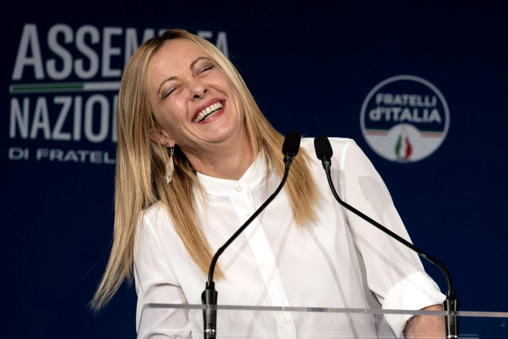 epa10855777 Italian Prime Minister Giorgia Meloni reacts as she speaks during the national assembly of Fratelli d'Italia (Brothers of Italy) in Rome, Italy, 12 September 2023. Meloni on 12 September expressed solidarity for Libya after it was hit by a deadly wave of floods and said she has told Italy's civil protection department to provide assistance.  EPA/MASSIMO PERCOSSI