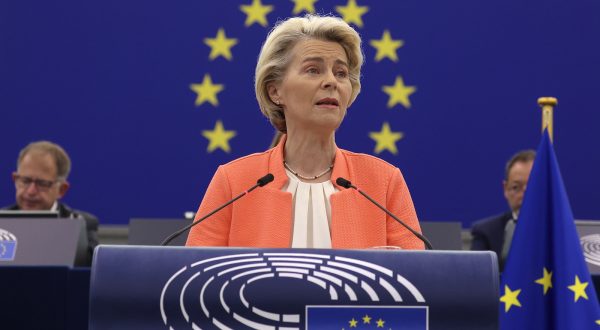 epa10858057 European Commission President Ursula von der Leyen during the debate on the â€˜state of the European Unionâ€™ at the European Parliament in Strasbourg, France, 13 September 2023. The session runs from 11 till 14 September.  EPA/JULIEN WARNAND