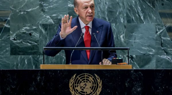 epa10869833 President of Turkey Recep Tayyip Erdogan addresses the delegates during the 78th session of the United Nations General Assembly at the United Nations Headquarters in New York, New York, USA, 19 September 2023.  EPA/JUSTIN LANE