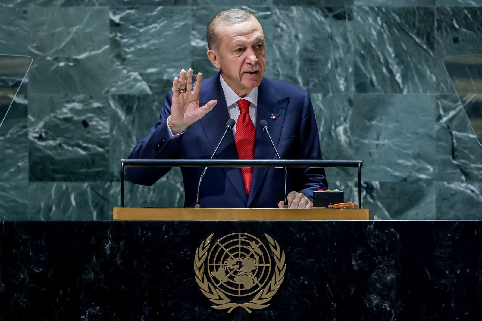 epa10869833 President of Turkey Recep Tayyip Erdogan addresses the delegates during the 78th session of the United Nations General Assembly at the United Nations Headquarters in New York, New York, USA, 19 September 2023.  EPA/JUSTIN LANE