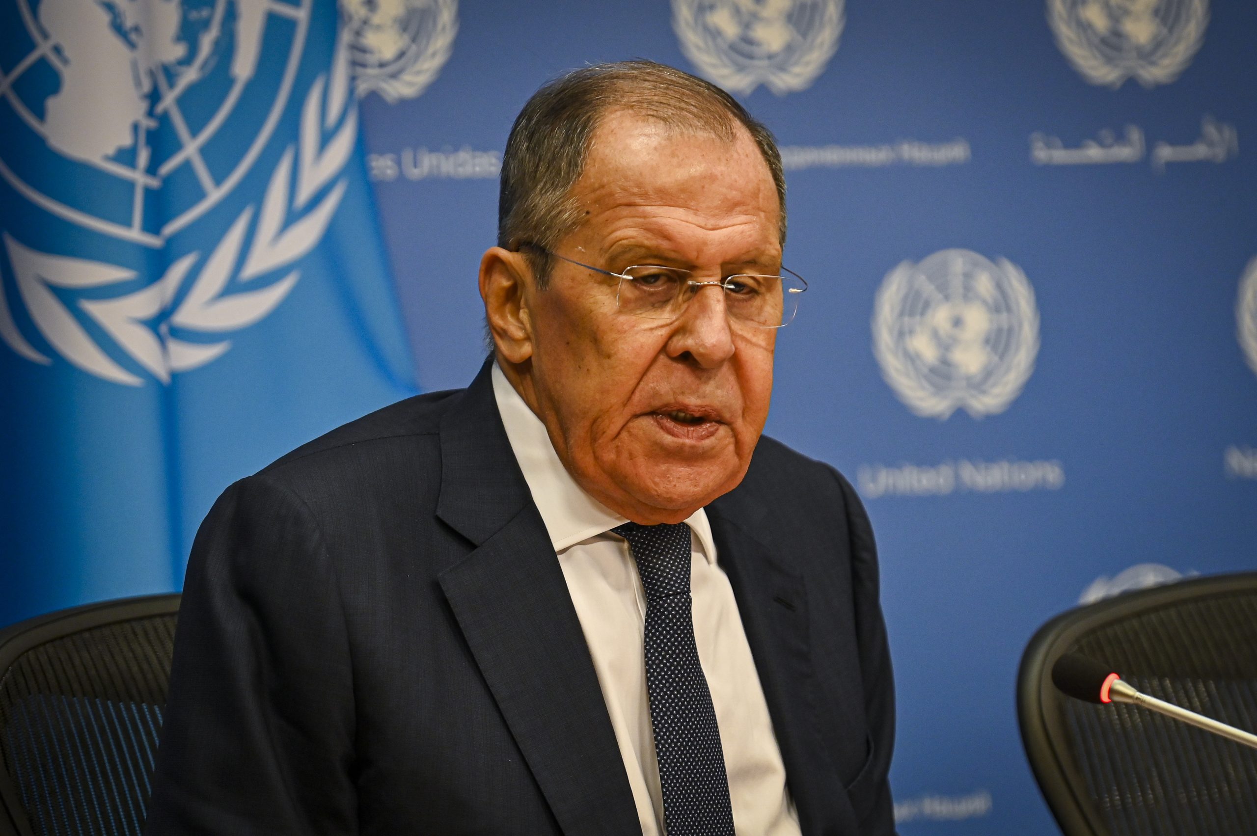 epa10879217 Russia's Foreign Affairs Minister Sergei Lavrov attends a press conference during the 78th session of the United Nations General Assembly at United Nations Headquarters in New York, New York, USA, 23 September 2023.  EPA/MIGUEL RODRIGUEZ