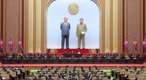 epa10887071 A photo released by the official North Korean Central News Agency (KCNA) on 28 September 2023 shows North Korean leader Kim Jong Un (C) attending the 9th Session of the 14th Supreme People's Assembly (SPA) at the Mansudae Assembly Hall in Pyongyang, North Korea, during the two-day event on 26-27 September 2023. North Korea's legislature has enshrined its status as a nuclear power in its constitution with the unanimous adoption of a 'crucial agenda item for formulating the DPRK's policy on nuclear force as the basic law of the state', according to KCNA.  EPA/KCNA   EDITORIAL USE ONLY