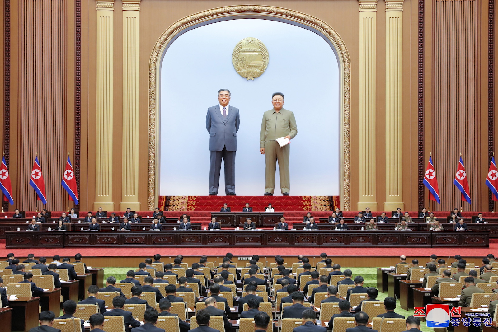 epa10887071 A photo released by the official North Korean Central News Agency (KCNA) on 28 September 2023 shows North Korean leader Kim Jong Un (C) attending the 9th Session of the 14th Supreme People's Assembly (SPA) at the Mansudae Assembly Hall in Pyongyang, North Korea, during the two-day event on 26-27 September 2023. North Korea's legislature has enshrined its status as a nuclear power in its constitution with the unanimous adoption of a 'crucial agenda item for formulating the DPRK's policy on nuclear force as the basic law of the state', according to KCNA.  EPA/KCNA   EDITORIAL USE ONLY