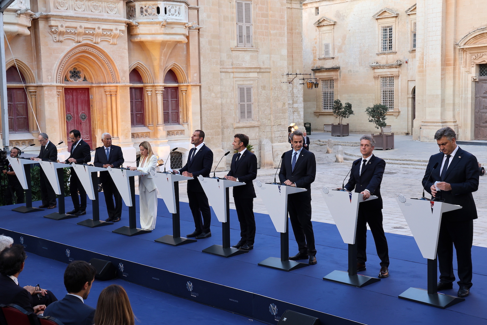 epa10890569 (L-R) Spainâ€™s State Secretary for the EU, Pascual Ignacio Navarro Rios, Cyprus' President Nikos Christodoulides, Portuguese Prime Minister Antonio Costa, Italian Prime Minister Giorgia Meloni, Maltaâ€™s Prime Minister Robert Abela, French President Emmanuel Macron, Greek Prime Minister Kyriakos Mitsotakis, Slovenia's Prime Minister Robert Golob and Croatia's Prime Minister Andrej Plenkovic, take part in a press conference at  the 10th Summit of the Leaders of the Southern Countries of the European Union, in Valletta, Malta, 29 September 2023. The EU-Med9 meeting brings together the leaders or representatives of Spain, Portugal, France, Italy, Greece, Malta, Cyprus, Slovenia and Croatia.  EPA/Domenic Aquilina