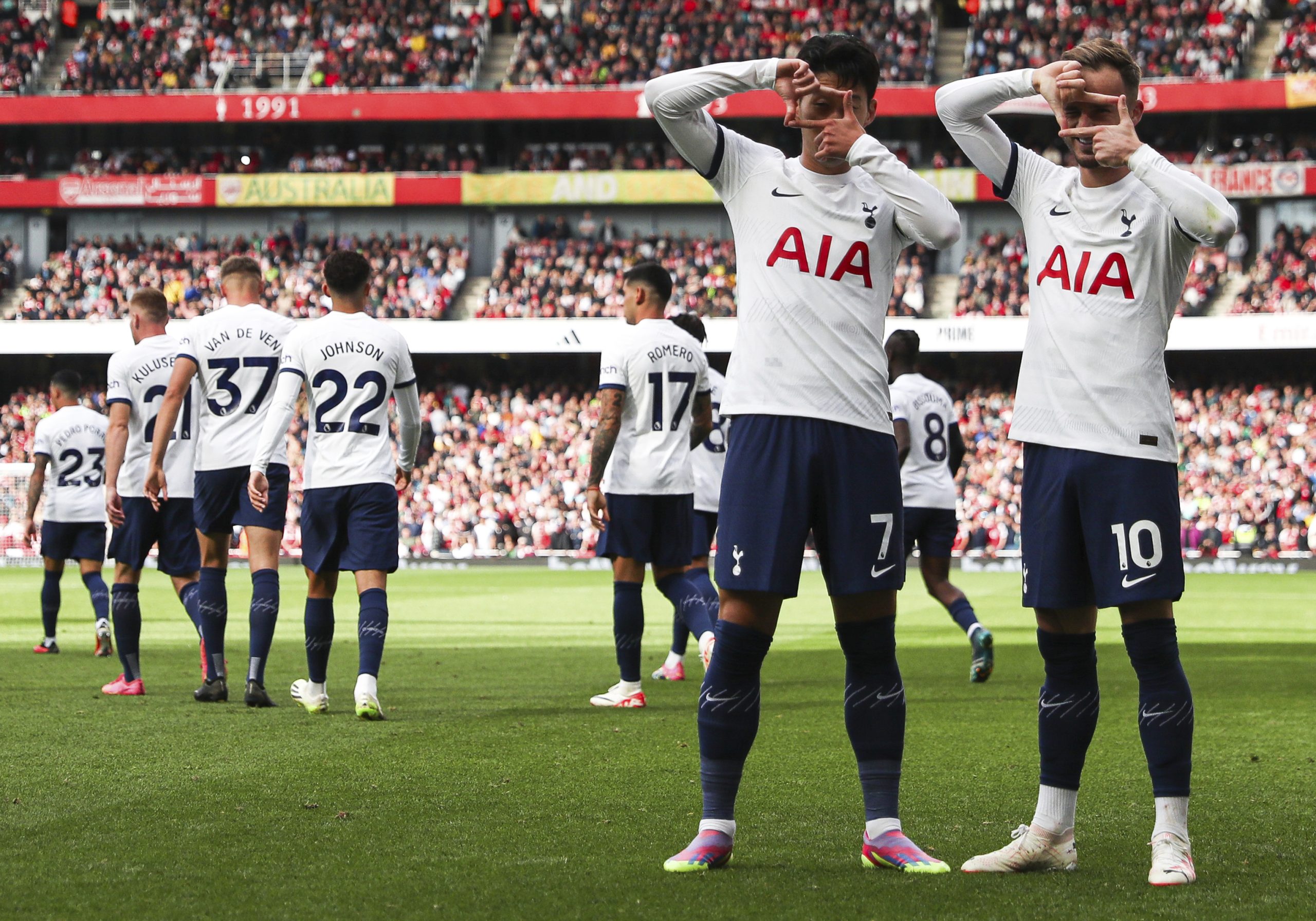 September 24, 2023, London: London, England, 24th September 2023. Son Heung-Min of Tottenham Hotspur (left) celebrates scoring their side's second goal of the game with James Maddison of Tottenham Hotspur (right) during the Premier League match at the Emirates Stadium, London. (Credit Image: Â© Kieran Cleeves/Sportimage/Cal Sport Media) (Cal Sport Media via AP Images)
