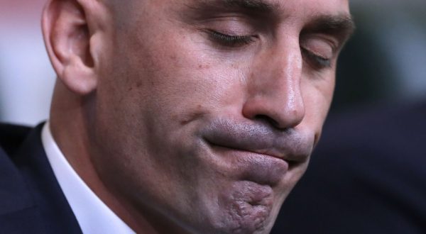 FILE - Spanish football president Luis Rubiales grimaces during a press conference at the 2018 soccer World Cup in Krasnodar, Russia, Wednesday, June 13, 2018. FIFA has banned ousted former Spanish soccer federation president Luis Rubiales from the sport for three years. He was judged for misconduct at the Women’s World Cup final where he forcibly kissed a player on the lips at the trophy ceremony. FIFA did not publish details of the verdict reached by its disciplinary committee judges. (AP Photo/Manu Fernandez, File)
