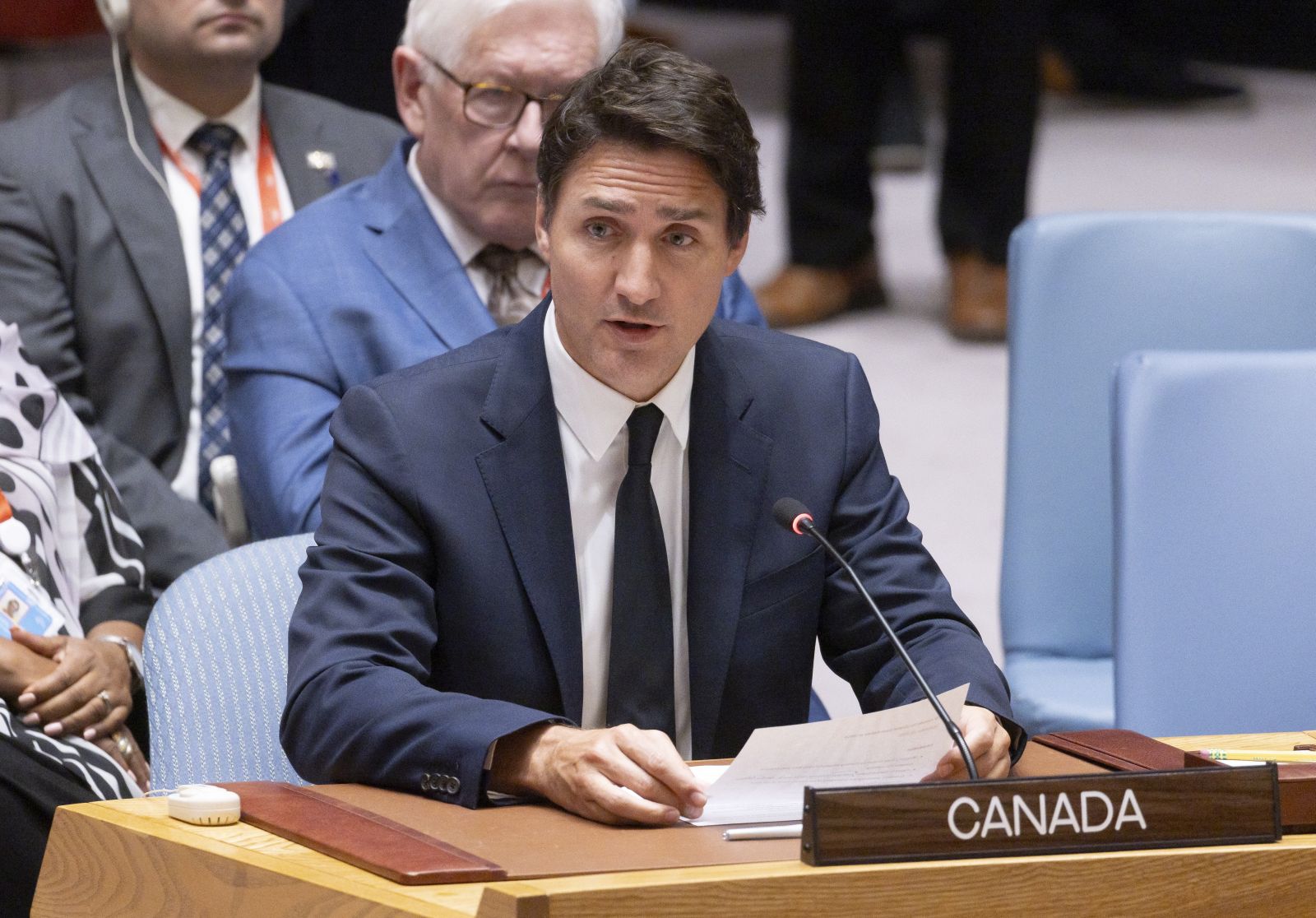epa10873206 Canada's Prime Minister Justin Trudeau addresses an United Nations Security Council meeting about the war between Ukraine and Russia on the sidelines of the 78th session of the United Nations General Assembly at United Nations Headquarters in New York, New York, USA, 20 September 2023.  EPA/JUSTIN LANE