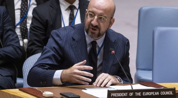 epa10873179 President of the European Council Charles Michel speaks during an United Nations Security Council meeting about the war between Ukraine and Russia on the sidelines of the 78th session of the United Nations General Assembly at United Nations Headquarters in New York, New York, USA, 20 September 2023.  EPA/JUSTIN LANE