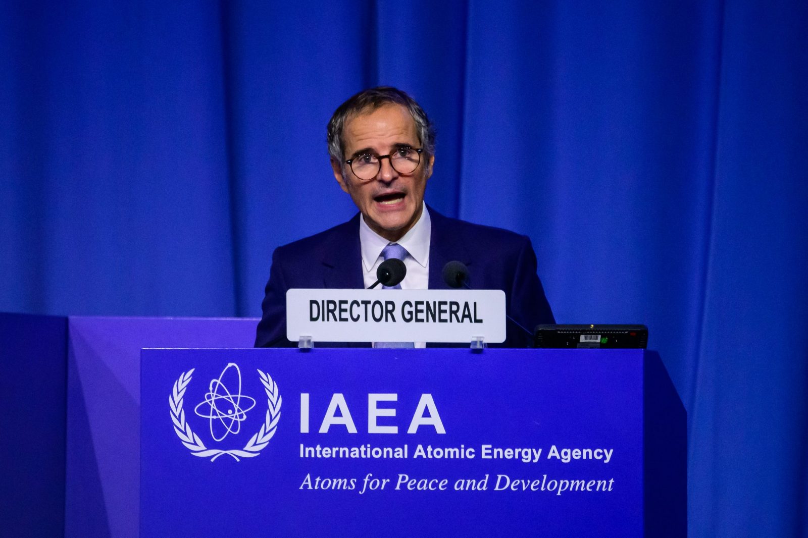 epa10882314 IAEA Director General Rafael Mariano Grossi delivers a speech during the 67th International Atomic Energy Agency (IAEA) General Conference at the IAEA headquarters of the UN seat in Vienna, Austria, 25 September 2023. The 67th Regular Session of the IAEA General Conference in Vienna runs from 25 to 29 September 2023.  EPA/CHRISTIAN BRUNA