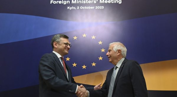 epa10895308 A handout picture made available by the Ukraine Ministry of Foreign Affairs shows Ukrainian Foreign Minister Dmytro Kuleba (L) and EU High Representative for Foreign Affairs and Security Policy Josep Borrell (R) shaking hands during their meeting prior to the informal EU-Ukraine Foreign Ministers Meeting in Kyiv, Ukraine, 02 October 2023. Borrell announced he was 'convening the EU Foreign Ministers in Kyiv, for the first ever meeting of all 27 Member States outside the EU'.  EPA/UKRAINE FOREIGN MINISTRY HANDOUT  HANDOUT EDITORIAL USE ONLY/NO SALES