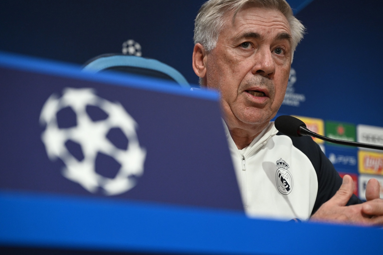 epa10896146 Real Madridâ€™s head coach Carlo Ancelotti attends a press conference in Naples, Italy, 02 October 2023. Real Madrid will face Napoli in a UEFA Champions League group stage soccer match on 03 October 2023.  EPA/CIRO FUSCO